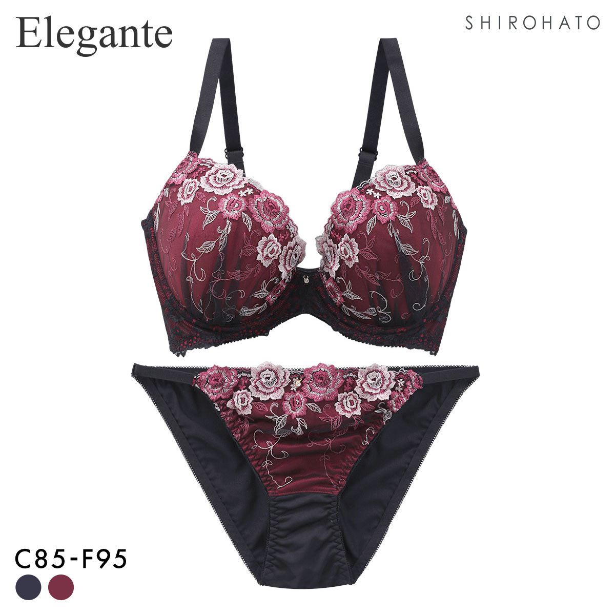 エレガント 脇肉を谷間に変える脇高ブラ クラシックローズ ブラセット CDEF80-95 大きいサイズ グラマー ブラジャー セット Elegante(WI-ワイン-C85-LL)