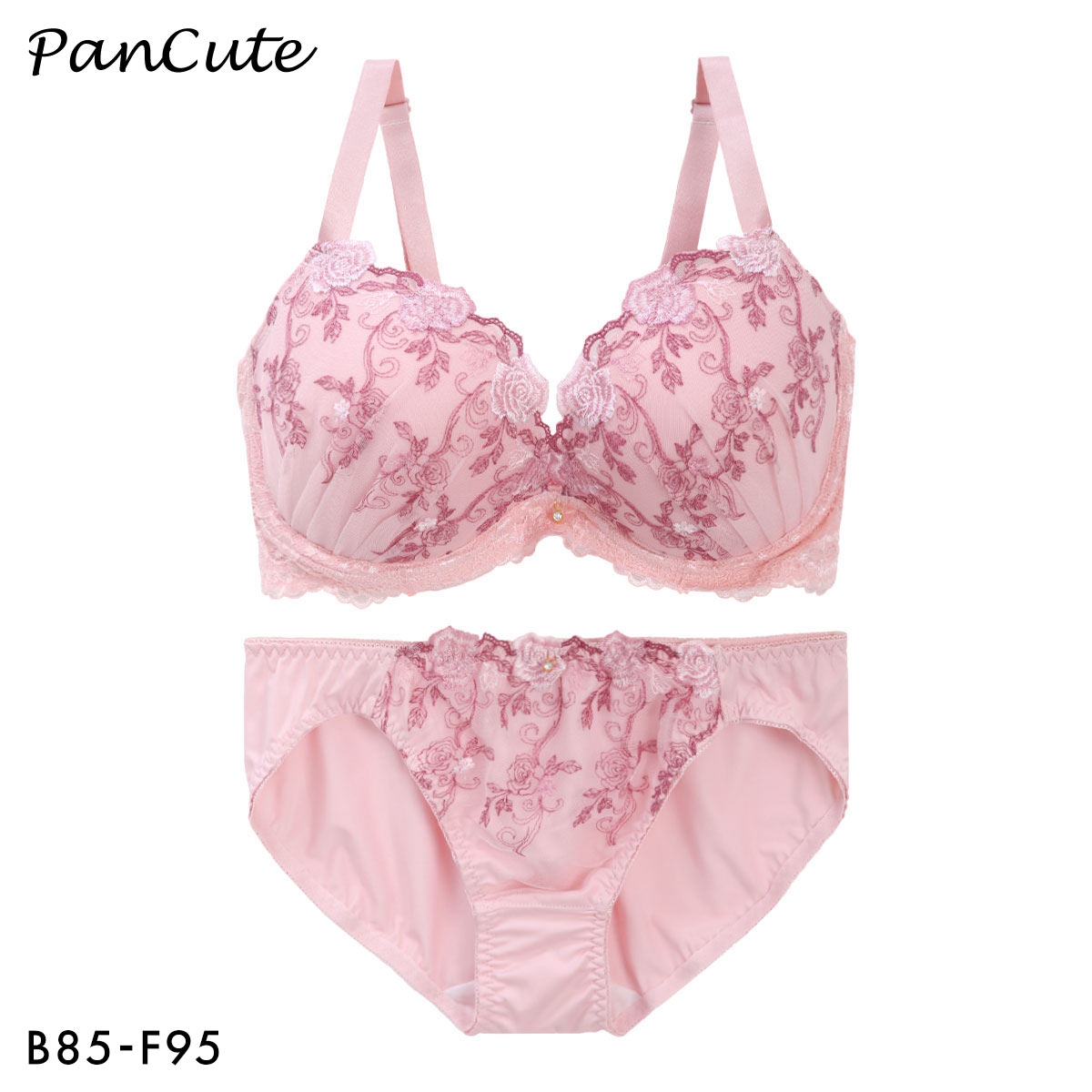 パンキュート 脇肉を谷間に変える脇高ブラ ローズ刺繍 ブラセット BCDEF80-95 大きいサイズ グラマー セット PANCUTE(PI-ピンク-B85-LL)
