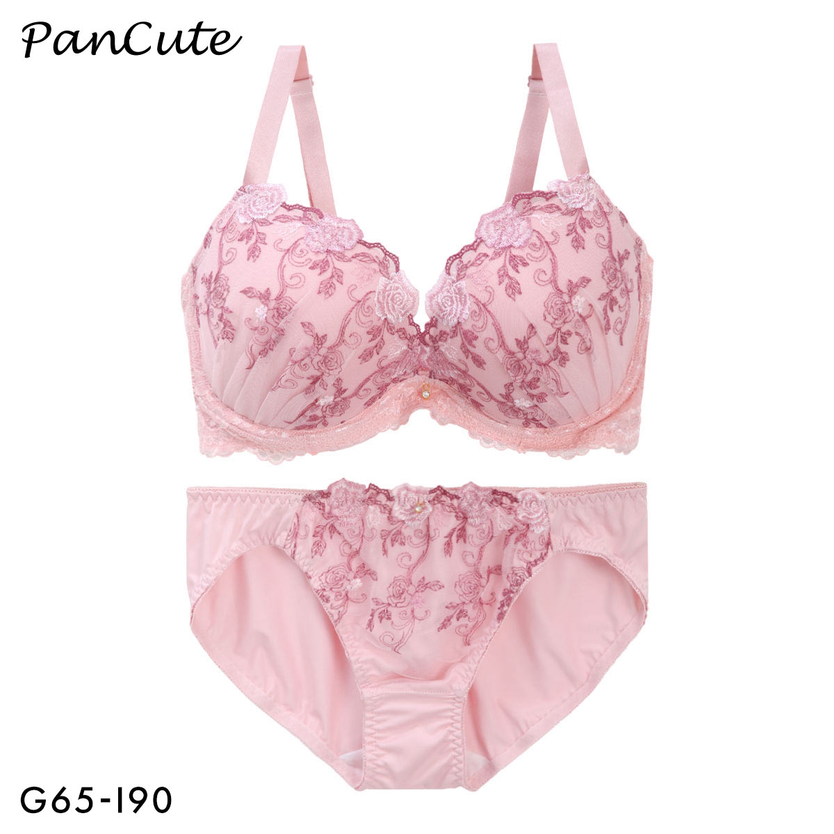 パンキュート 脇肉を谷間に変える脇高ブラ ローズ刺繍 ブラセット GHI65-95 大きいサイズ グラマー PANCUTE(PI-ピンク-G65-M)