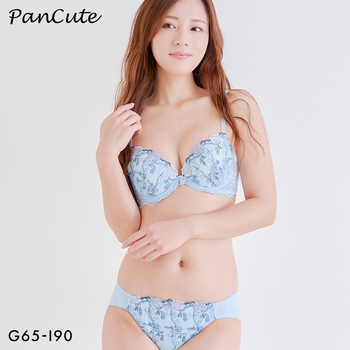 パンキュート 脇肉を谷間に変える脇高ブラ ローズ刺繍 ブラセット GHI65-95 大きいサイズ グラマー PANCUTE(SX-サックス-G65-M)