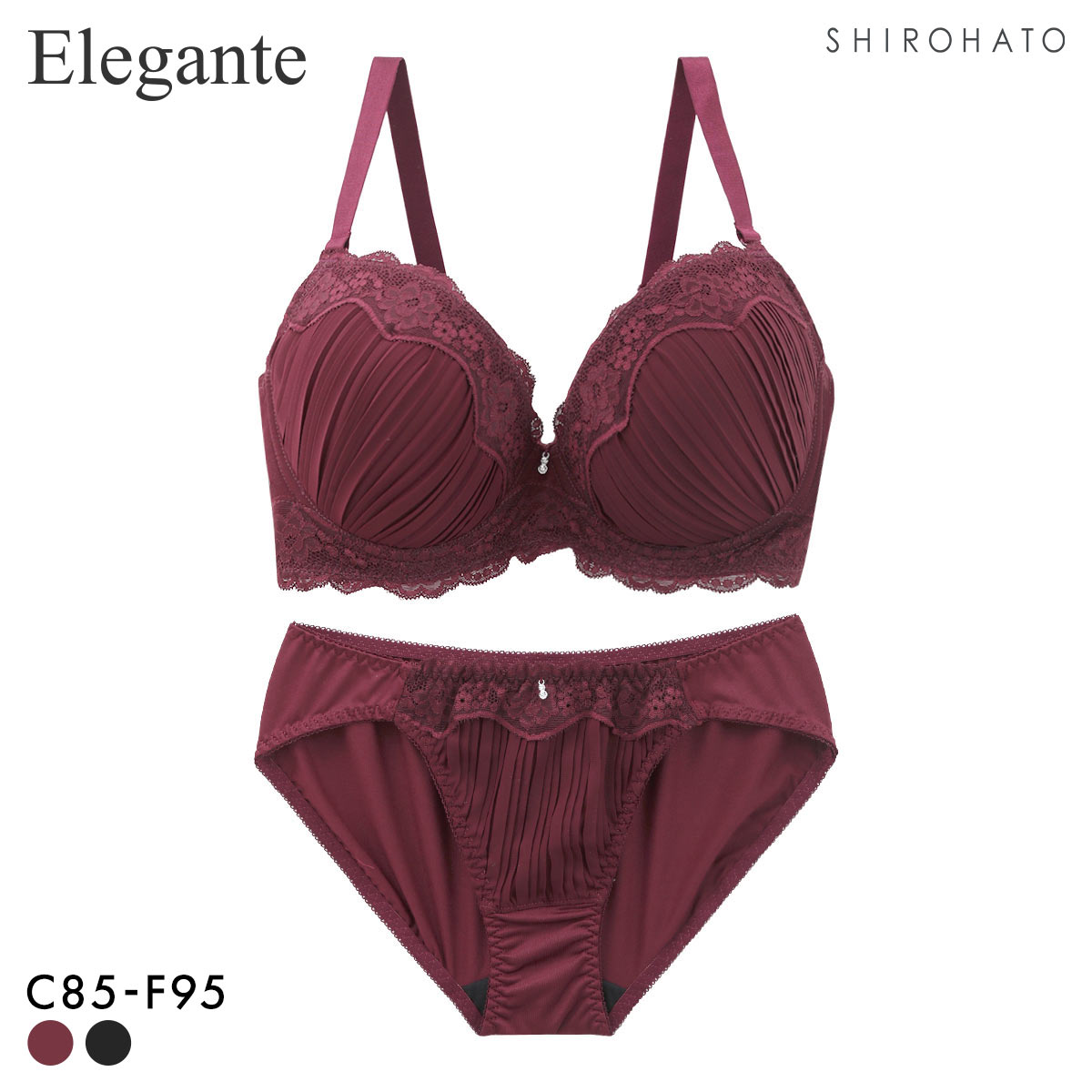 エレガント らくちんソフトワイヤー プリーツ×レース ブラセット CDEF80-95 グラマー アンダー大きいサイズ ブラジャー ショーツ(BO-ボルドー-C85-LL)