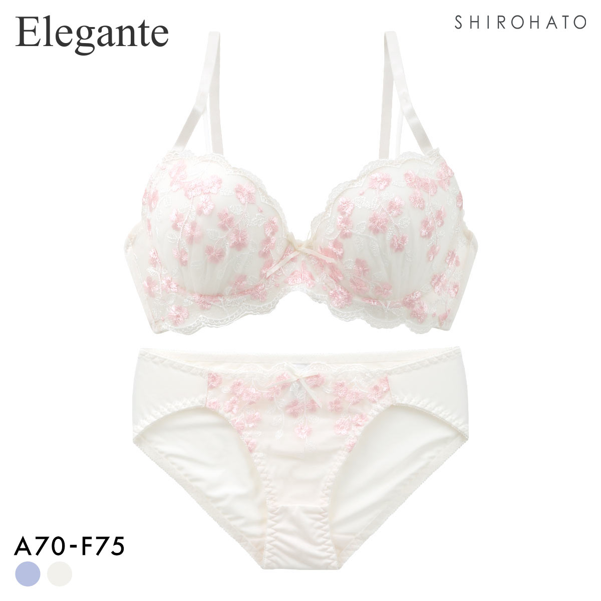 エレガント らくちんソフトワイヤー プチフラワー ブラセット ABCDEF 大きいサイズ グラマー ブラジャー ショーツ セット Elegante(IV-アイボリー-A70-M)