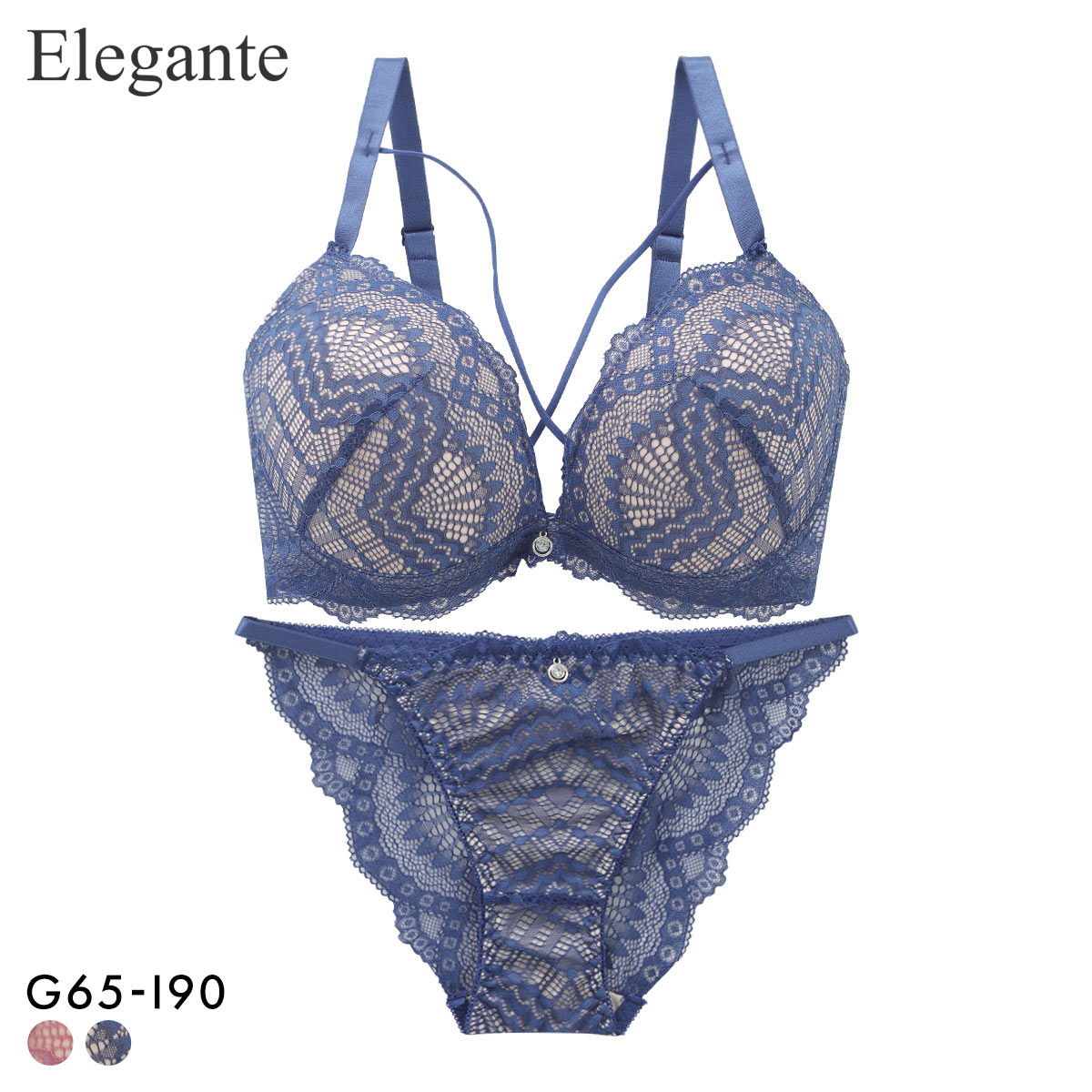 エレガント 脇肉を谷間に変える脇高ブラ クロスストリング ブラセット GHI65-95 大きいサイズ グラマー ブラジャー ショーツ セット 脇寄せ Elegante(NV-ネイビー-G65-M)
