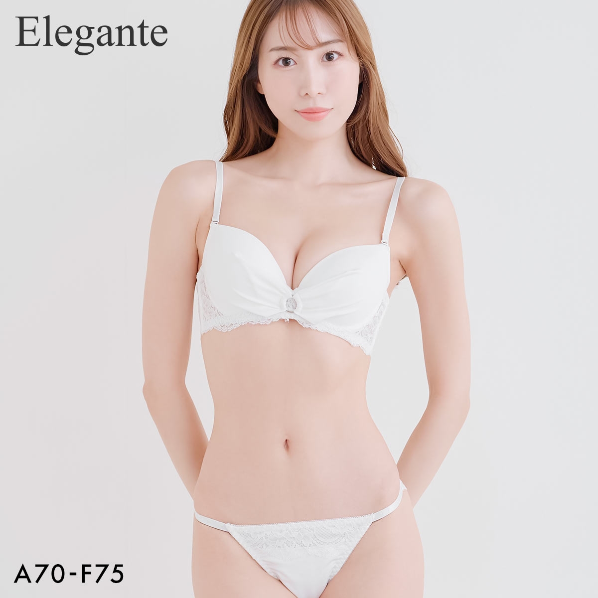 エレガント フロントリング ブラセット ABCDEF 大きいサイズ グラマー 盛り胸 谷間 ブラジャー ショーツ セット Elegante(OW-オフホワイト-A70-M)