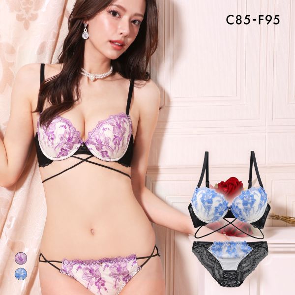 エレガント 脇肉を谷間に変える脇高ブラ クロスストリング ブラセット CDEF80-95 大きいサイズ グラマー 盛り 谷間 ブラジャー ショーツ セット Elegante