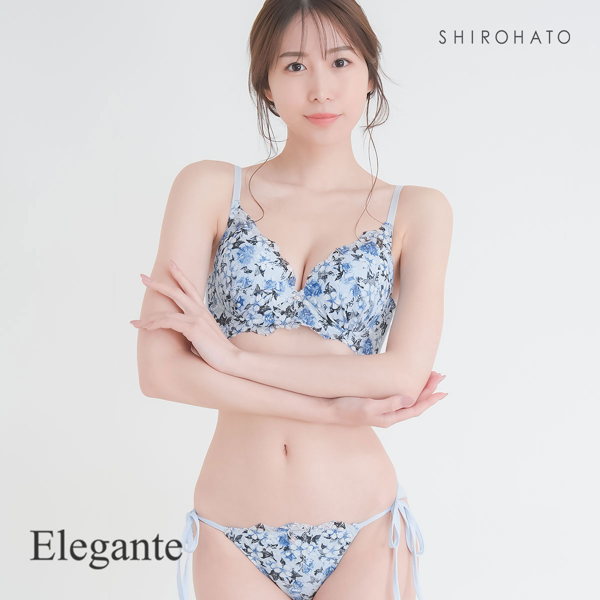 エレガント 脇肉を谷間に変える脇高ブラ プリントレース ブラセット ABCDEF ブラジャー ショーツ セット 脇寄せ Elegante(SX-サックス-A70-M)