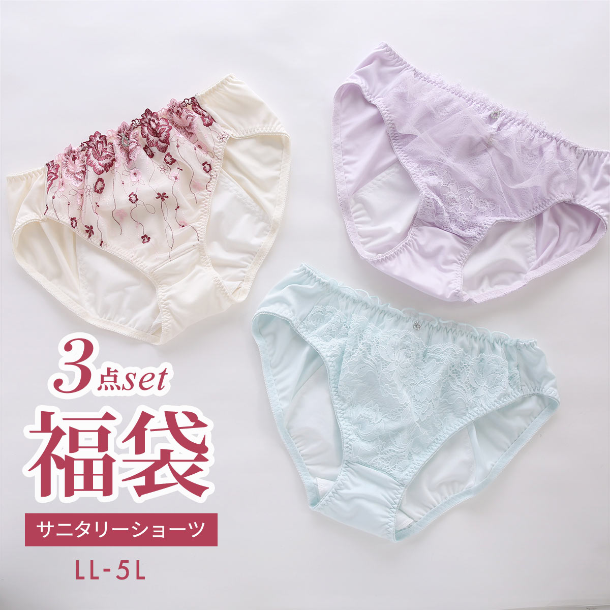 福袋 大きいサイズのサニタリーショーツ 3枚セット スタンダード 羽根つき対応 夜用対応 LL 3L 4L 5L お買い得 オシャレ おまかせ グラマー アソート(Bset-LL)