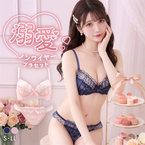 ノンワイヤー ドットチュール ブラセット S M L LL ブラジャー ショーツ セット グラマー