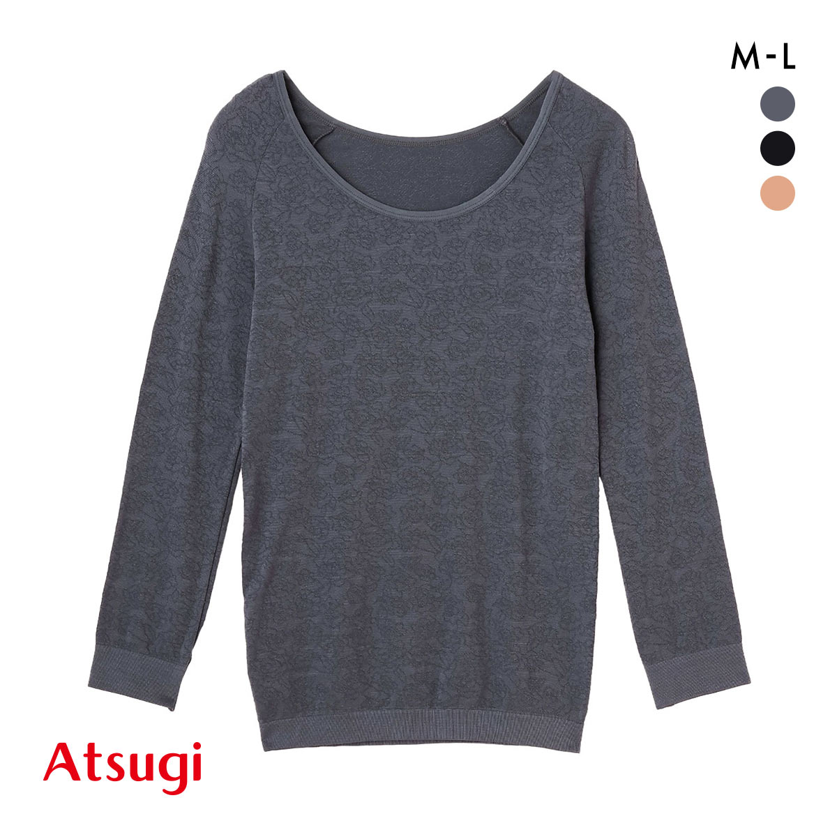 アツギ ATSUGI 着るタイツ ラインローズ柄 8分袖 Uネック(DGY-濃グレー-M)