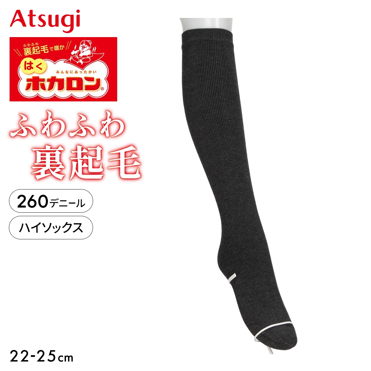 はくホカロン ふわふわ裏起毛 ハイソックス 260デニール相当(CGY-チャコールグレー-22-25cm)