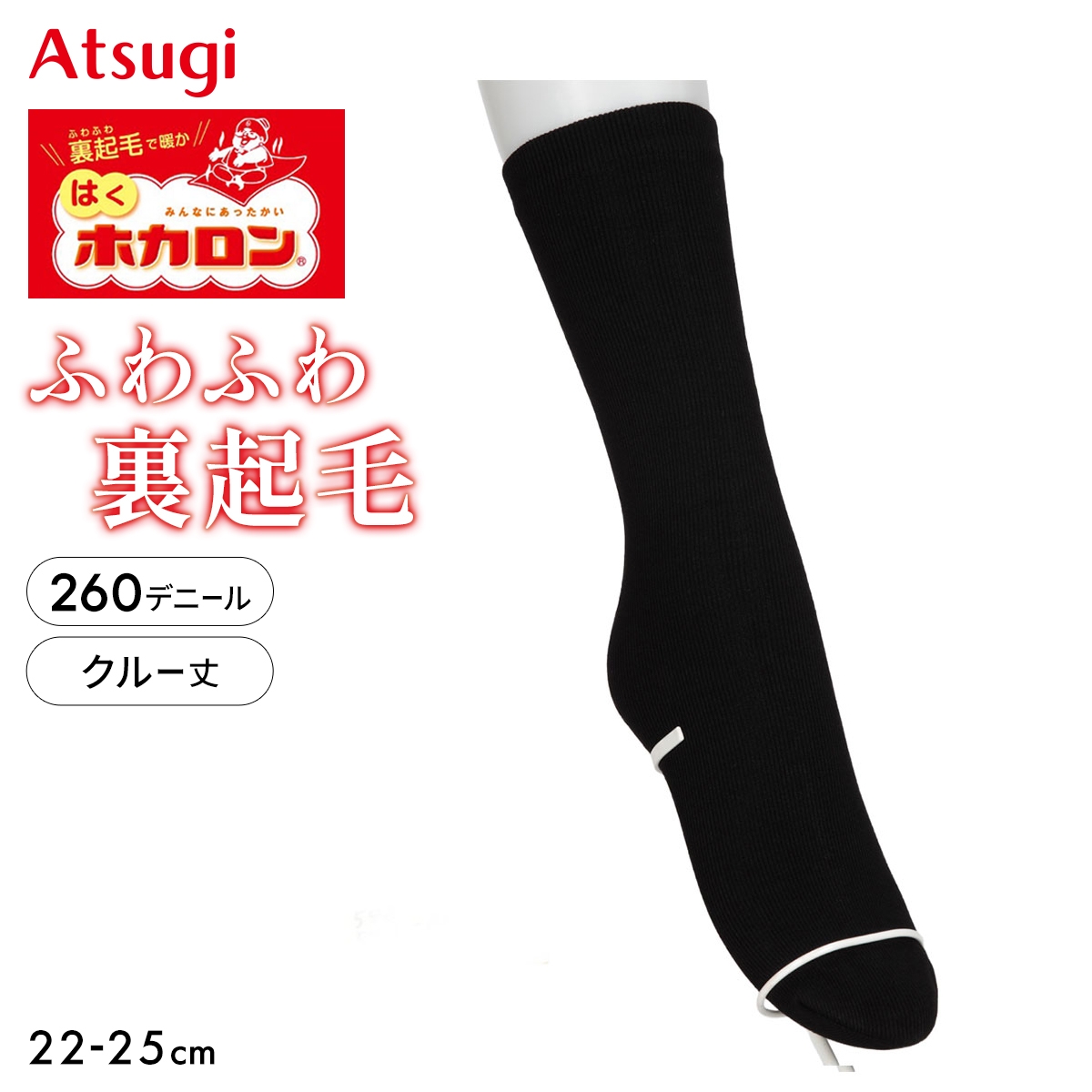 はくホカロン ふわふわ裏起毛 ソックス 260デニール相当(BK-ブラック-22-25cm)
