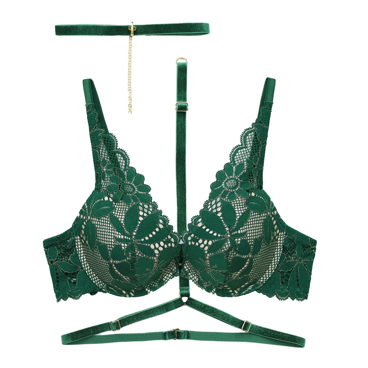 アンブラ ANNEBRA Sensual ハーネス付き モールドカップ ブラジャー デコルテレース付き 単品 セクシー ランジェリー インポート(GR-グリーン-B70)