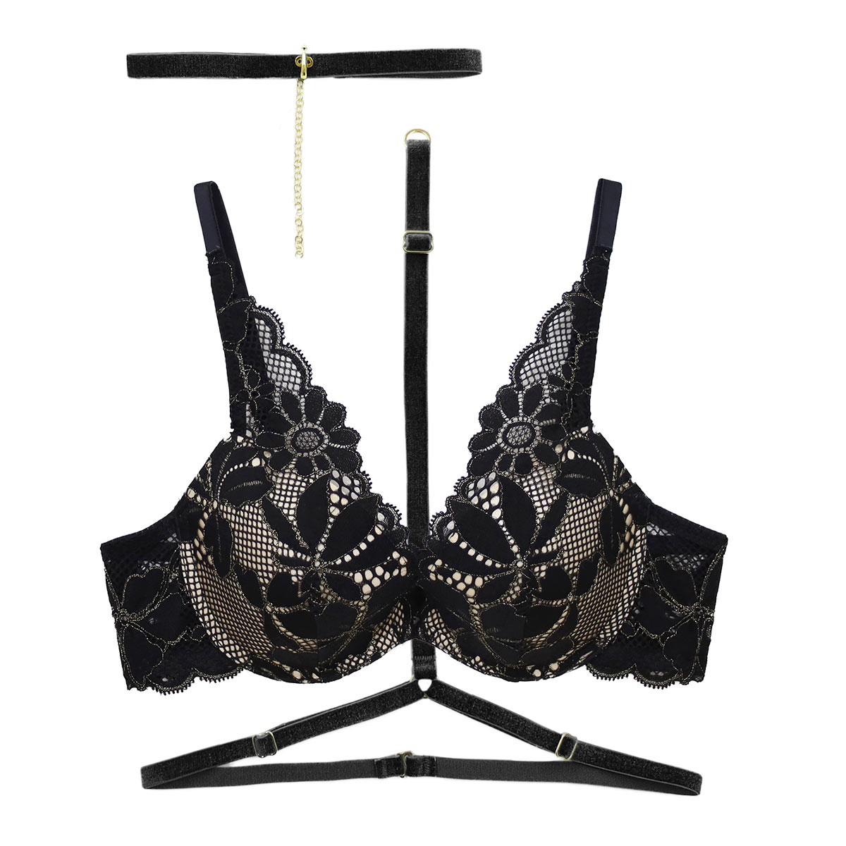 アンブラ ANNEBRA Sensual ハーネス付き モールドカップ ブラジャー デコルテレース付き 単品 セクシー ランジェリー インポート(BK-ブラック-B70)