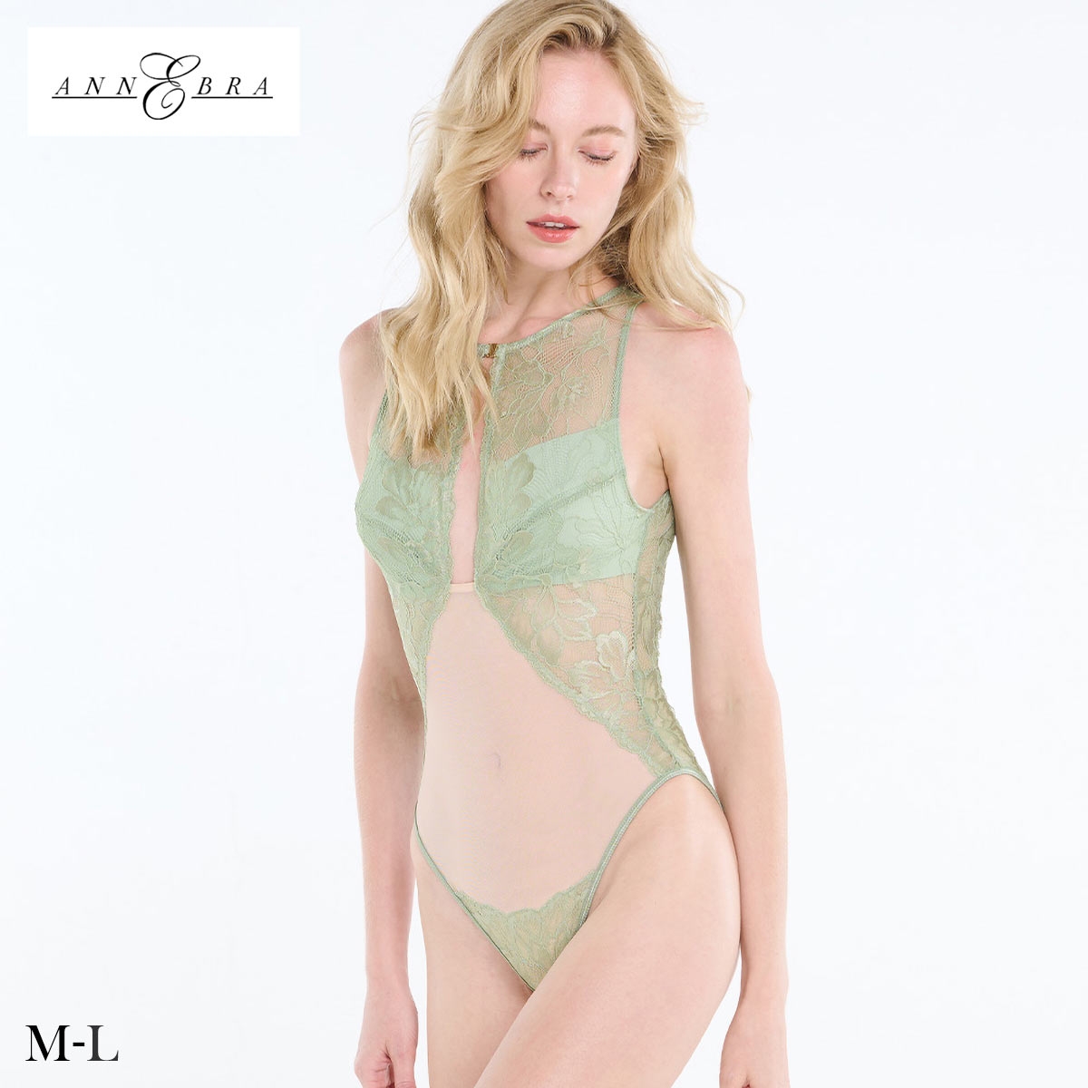 アンブラ Eucalyptus シアーレース ボディスーツ レディース テディ ランジェリー ブラジリアン ハーフバック チーキー ANNEBRA 下着(LGR-薄グリーン-M)