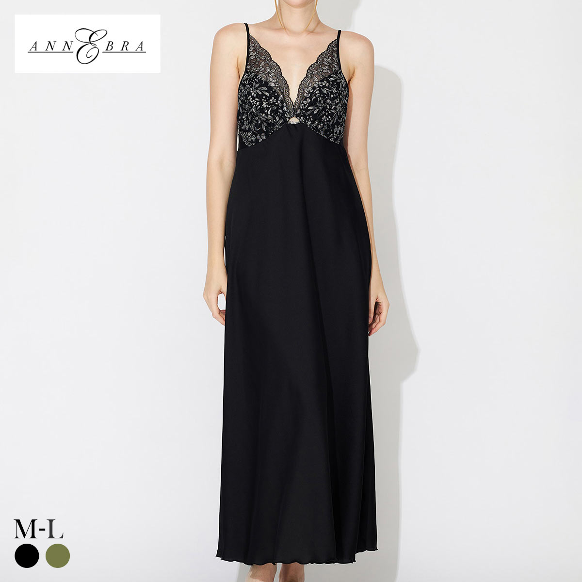 アンブラ Silver Touch レースコンビ ロングドレス セクシー ルームウェア ネグリジェ ワンピース ANNEBRA(BK-ブラック-M)