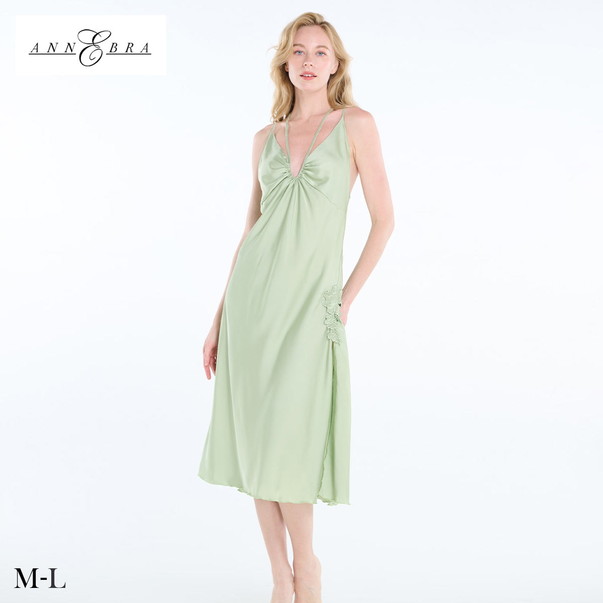 アンブラ Eucalyptus サイドスリット ロングドレス セクシー ルームウェア ルームワンピ ネグリジェ パジャマ ANNEBRA 下着(LGR-薄グリーン-M)