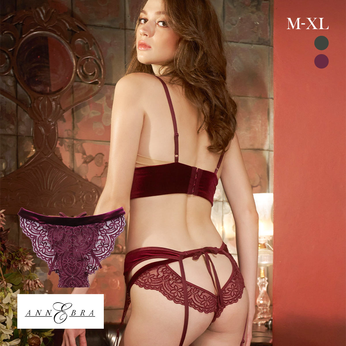 アンブラ Mystic ベロア×レース バックデザインショーツ ANNEBRA(WI-ワイン-M)