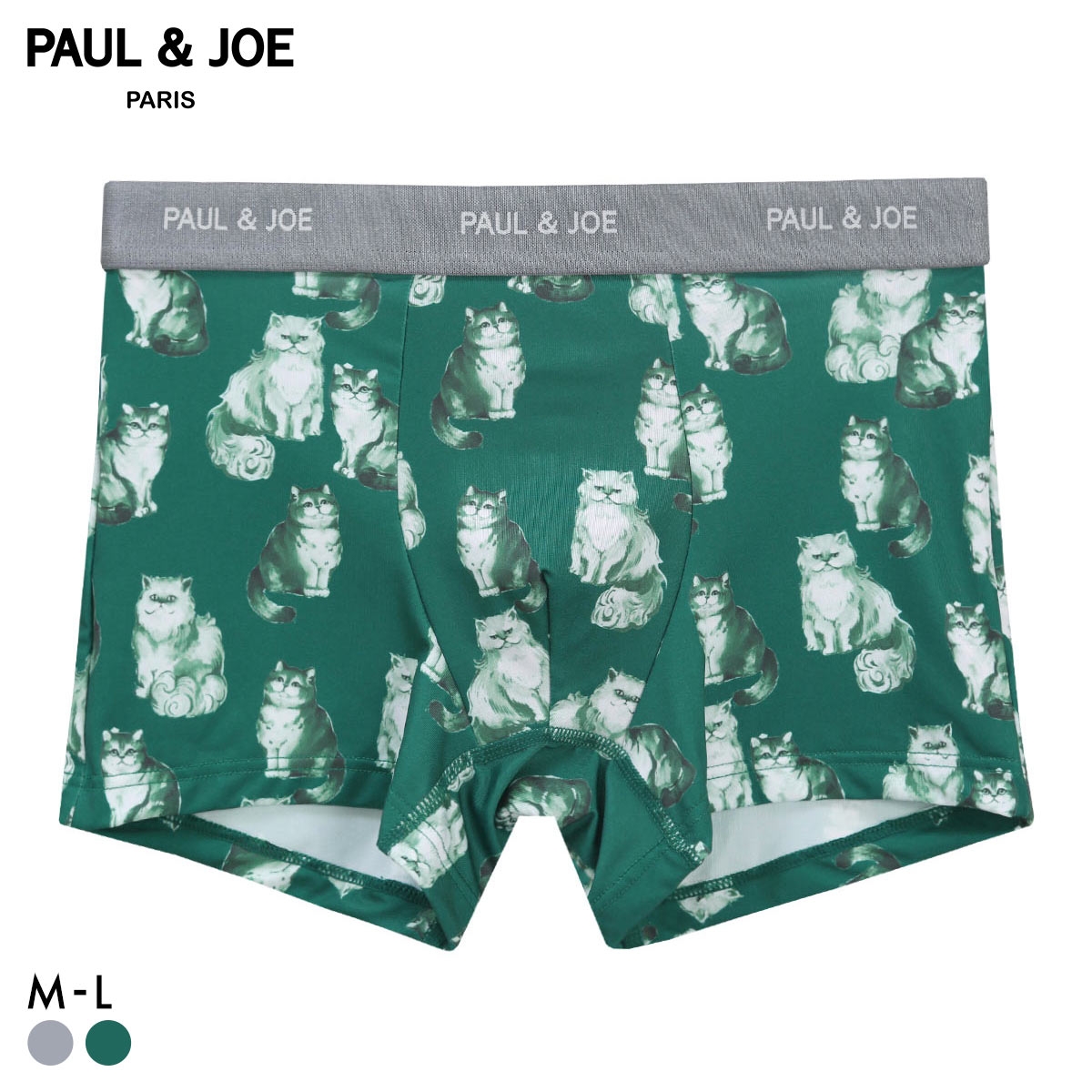 ポール ＆ ジョー PAUL & JOE ネコリピート柄 ボクサーパンツ メンズ 前とじ アンダーウェア(GR-グリーン-M)