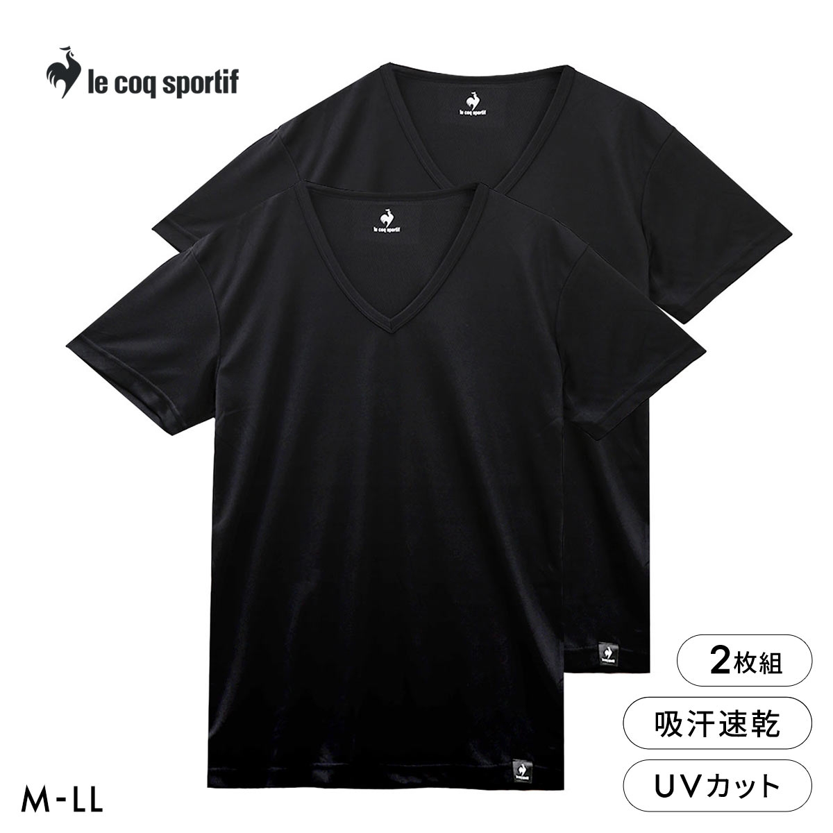ルコックスポルティフ 裏ハニカムメッシュ Vネック 半袖 Tシャツ 2枚セット メンズ インナー le coq sportif(BK-ブラック-M)