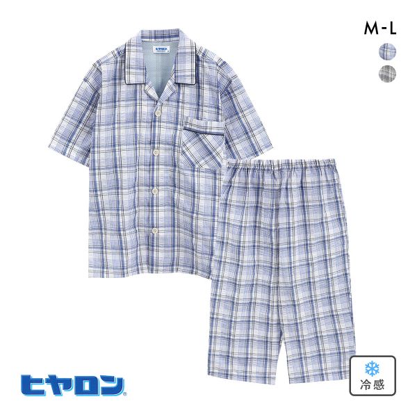 ヒヤロン メンズ パジャマ 上下セット 冷感メッシュ付き チェック柄 格子 ルームウェア 半袖 7分丈 紳士
