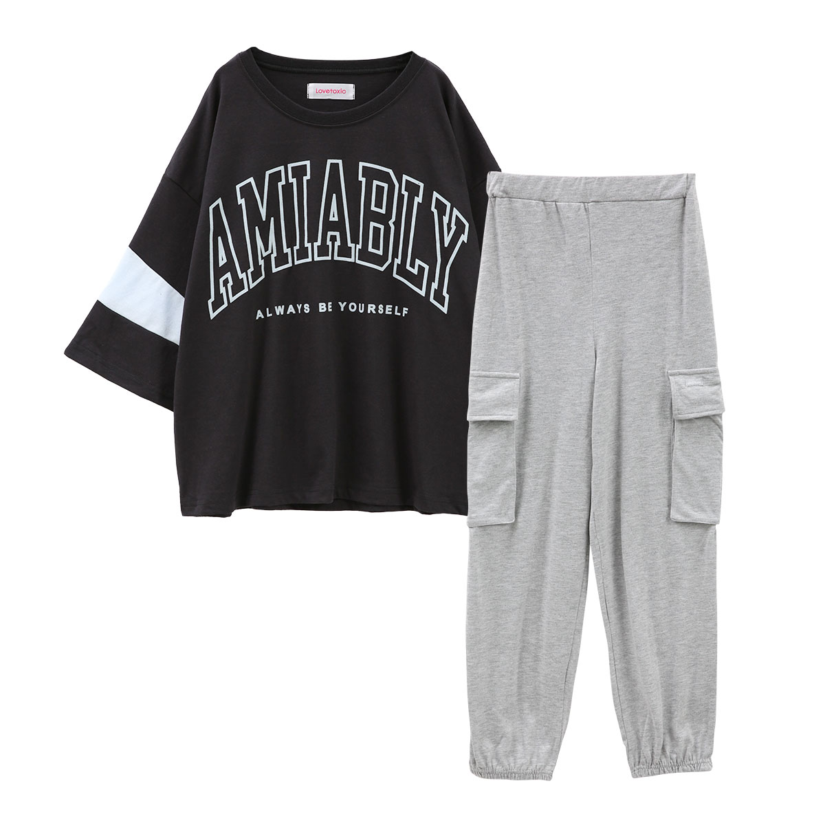 ラブトキシック Lovetoxic ルームウェア カレッジ 半袖 ロングパンツ パジャマ ジュニア キッズ 女の子 上下セット 綿混(BK-ブラック-150)