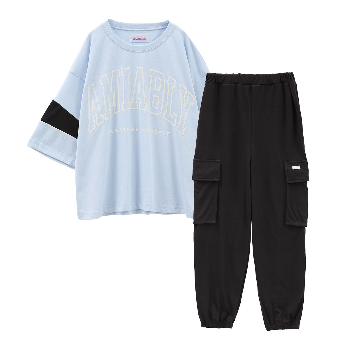ラブトキシック Lovetoxic ルームウェア カレッジ 半袖 ロングパンツ パジャマ ジュニア キッズ 女の子 上下セット 綿混(SX-サックス-150)