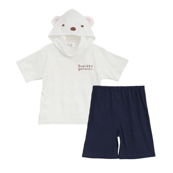 すみっコぐらし なりきり 半袖 ハーフパンツ フード付き ルームウェア パジャマ 上下セット ジュニア キッズ しろくま ねこ 110 140(OW-オフホワイト-110)