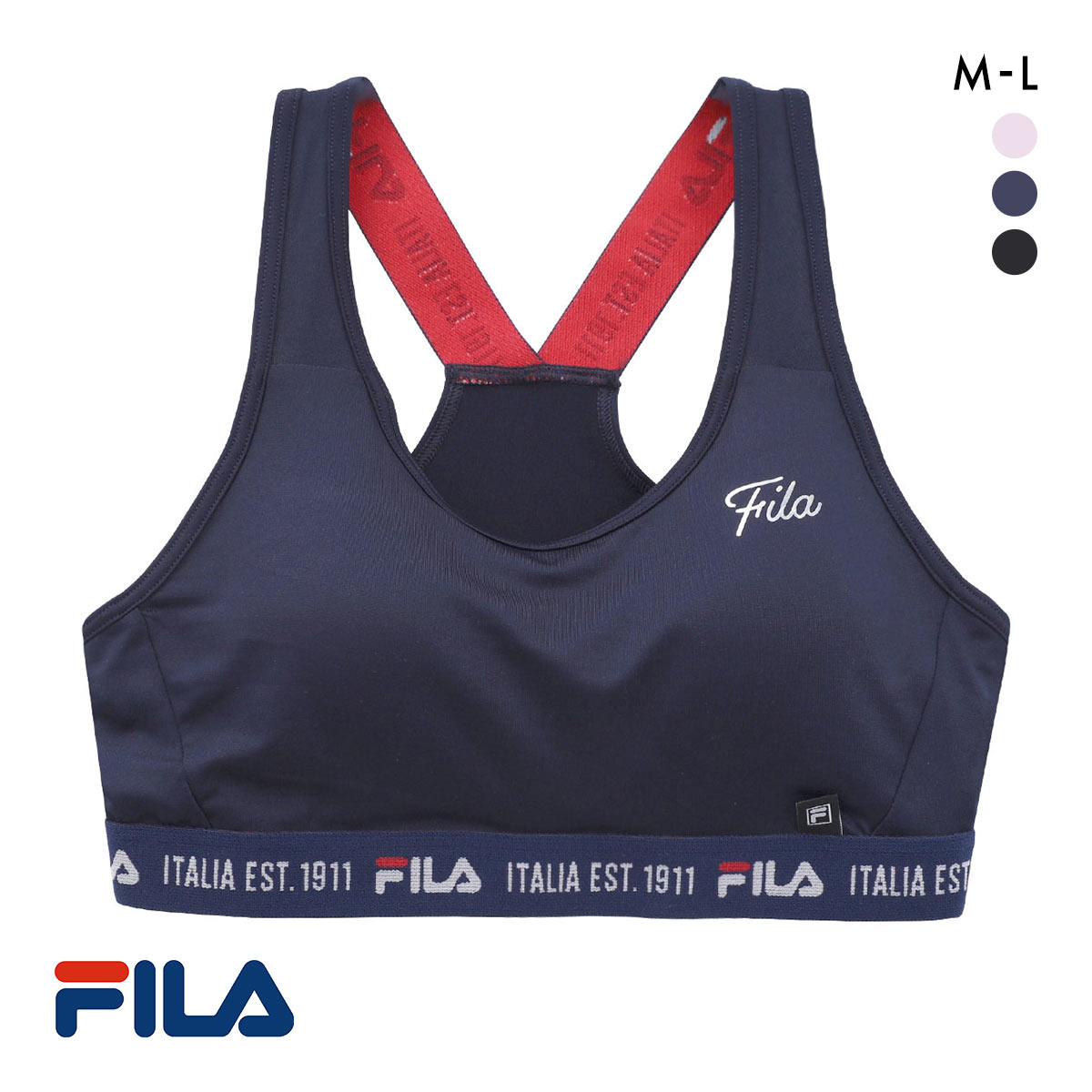 フィラ レディース デザイン ハーフトップ ブラジャー スポーツブラ ノンワイヤー モールドカップ ワイヤレスブラ FILA(NV-ネイビー-M)