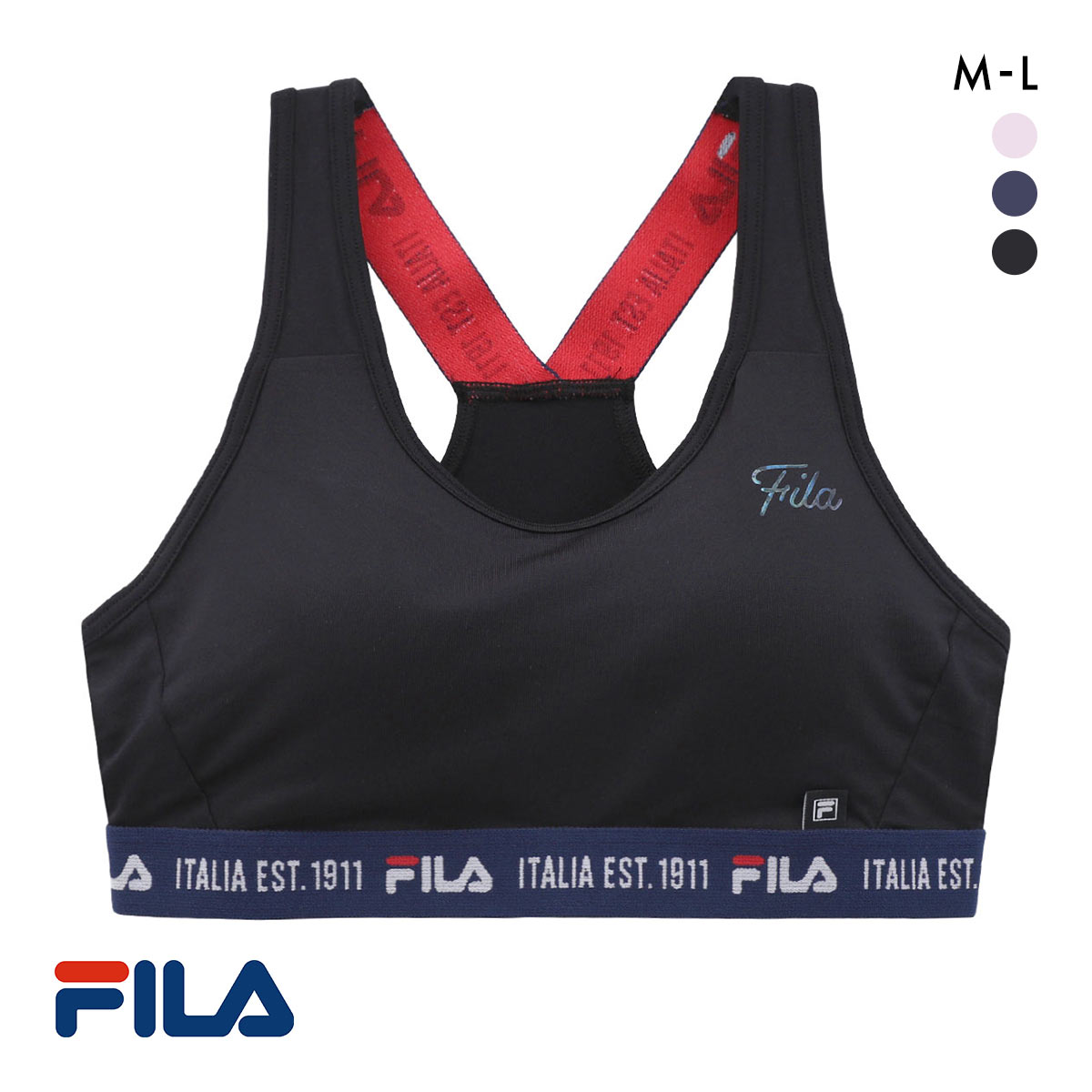 フィラ レディース デザイン ハーフトップ ブラジャー スポーツブラ ノンワイヤー モールドカップ ワイヤレスブラ FILA(BK-ブラック-M)