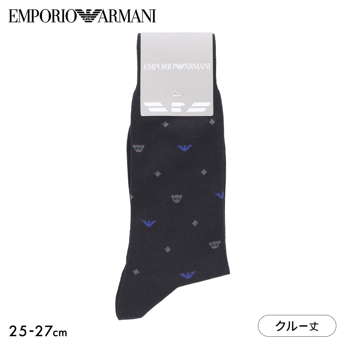 エンポリオ・アルマーニ EMPORIO ARMANI Dress マンガベア＆イーグル メンズソックス 靴下 クルー丈 ビジネス メンズ 綿混 紳士(BK3-ブラック3-25-27cm)