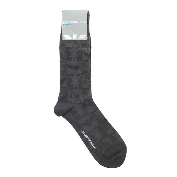 エンポリオ・アルマーニ EMPORIO ARMANI 定番マンガベア＆EAリンクス ブロック柄 クルー丈 メンズソックス 日本製 綿混 紳士