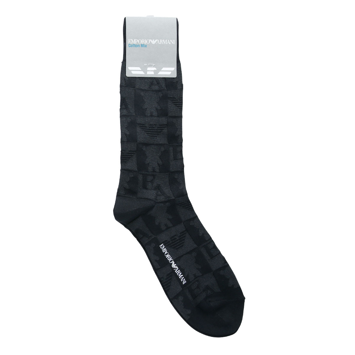 エンポリオ・アルマーニ EMPORIO ARMANI 定番マンガベア＆EAリンクス ブロック柄 クルー丈 メンズソックス 日本製 綿混 紳士(BK-ブラック-25-27cm)