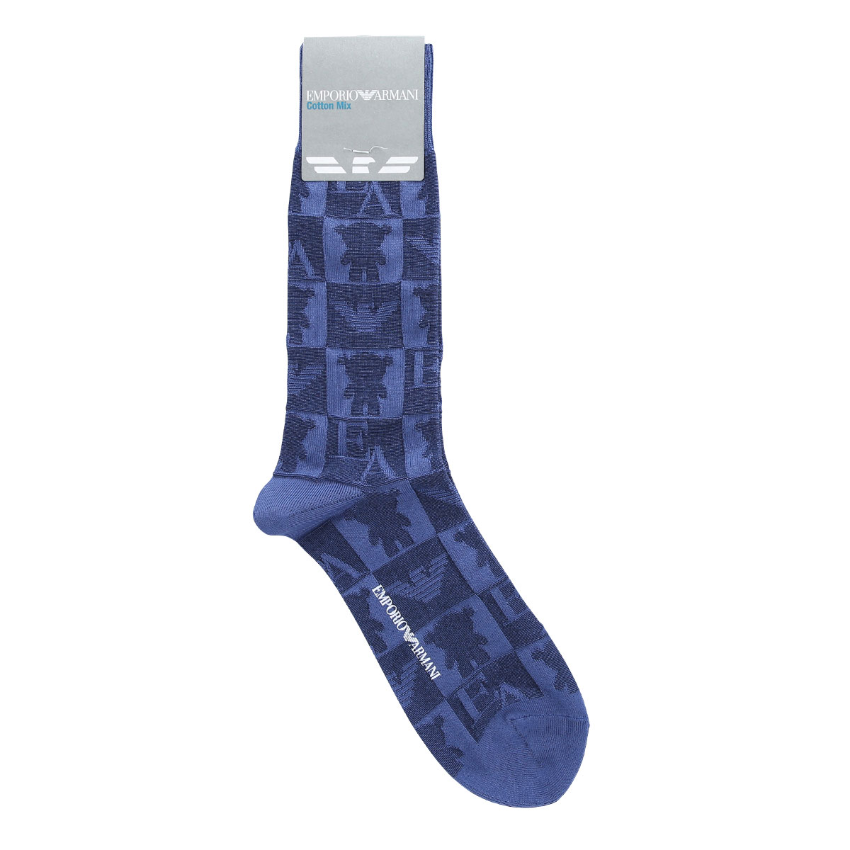 エンポリオ・アルマーニ EMPORIO ARMANI 定番マンガベア＆EAリンクス ブロック柄 クルー丈 メンズソックス 日本製 綿混 紳士(BU-ブルー-25-27cm)