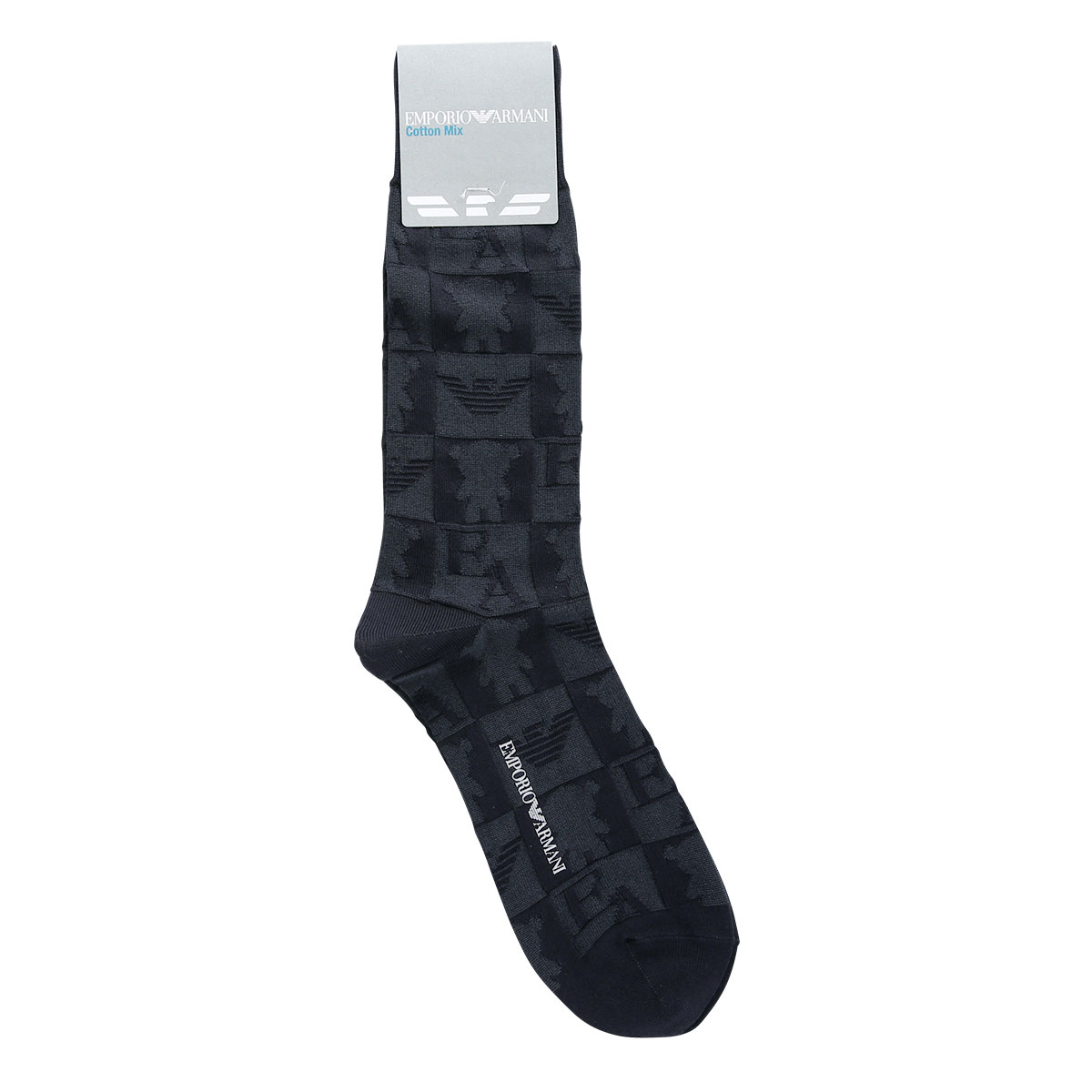 エンポリオ・アルマーニ EMPORIO ARMANI 定番マンガベア＆EAリンクス ブロック柄 クルー丈 メンズソックス 日本製 綿混 紳士(NV-ネイビー-25-27cm)