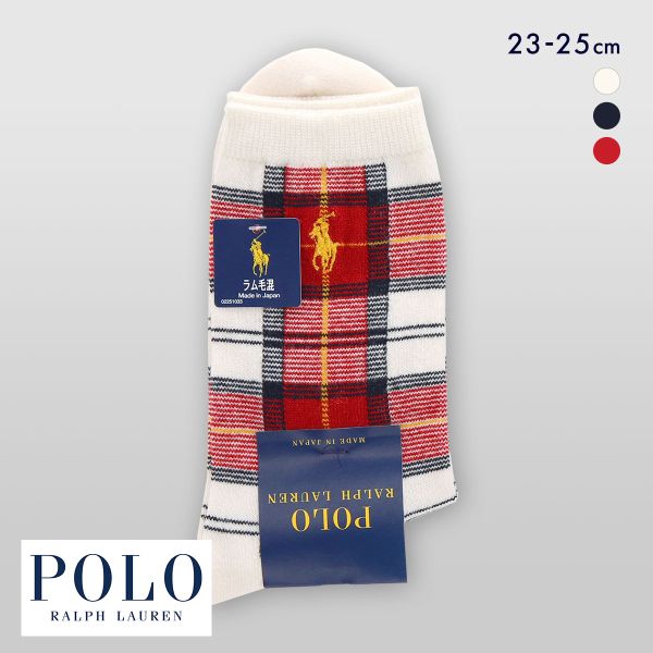 ポロ ラルフローレン ラム毛混 タータンチェック ソックス クルー丈 日本製 23-25 靴下 レディース カジュアル POLO RALPH LAUREN