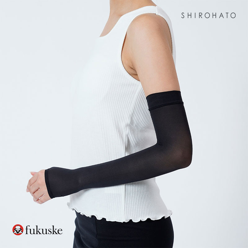 福助 fukuske 満足 太陽に負けない アームカバー ロング丈 レディース 涼感 ノンラン UVカット(BK-ブラック-Free)