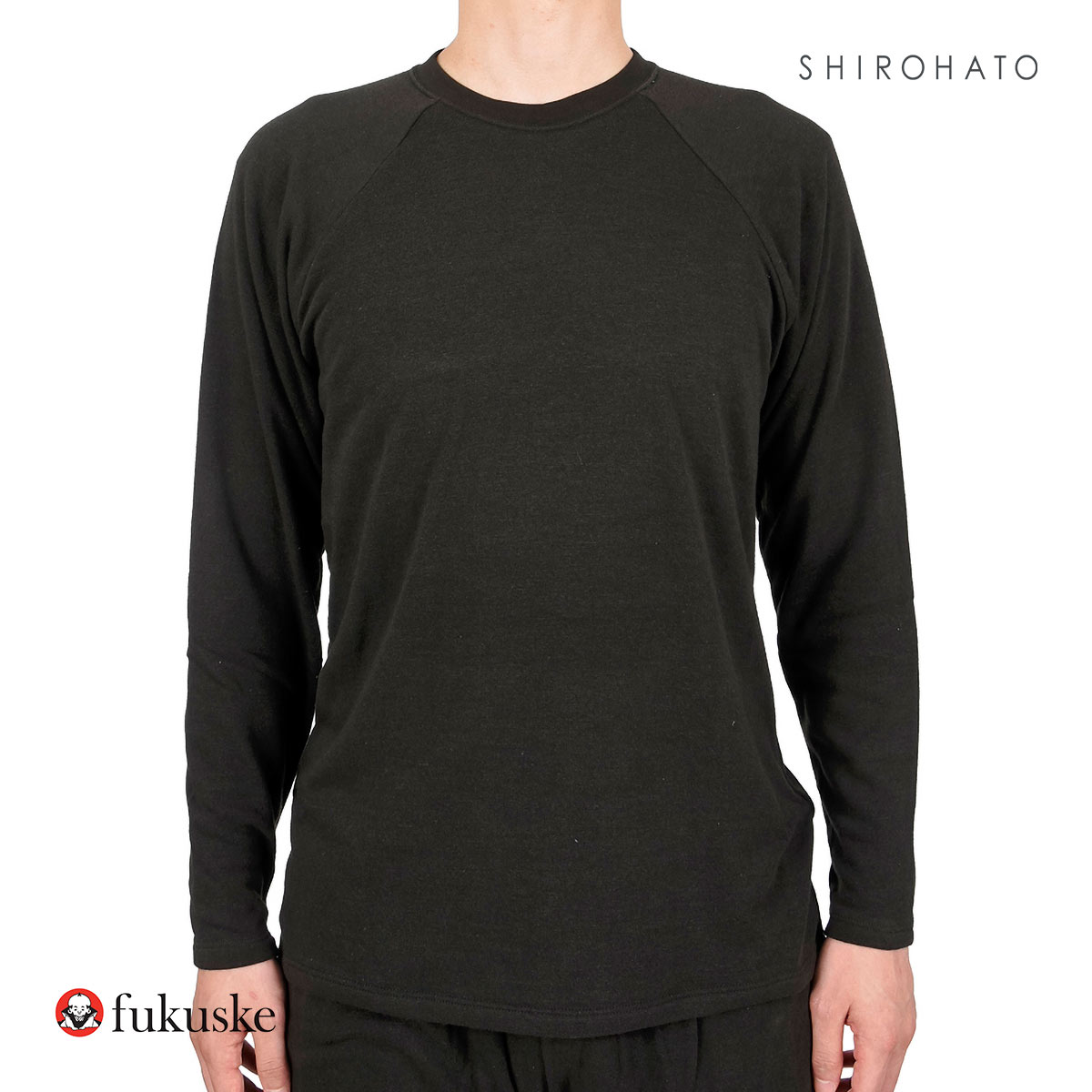 福助 fukuske 出雲ソフト IZUMO SOFT パイル生地 ラグランスリーブ クルーネック 長袖シャツ メンズ ルームウェア インナー(BK-ブラック-M)