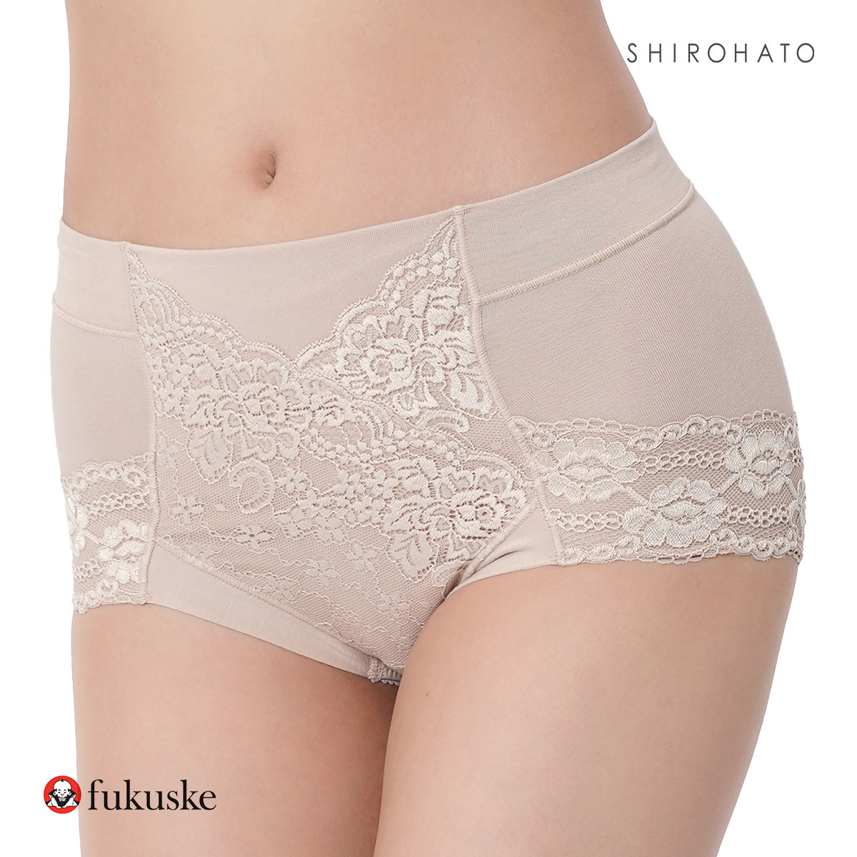 福助 Fukuske 集中美腹メイク ショーツ やや深ばき フロントレース スタンダード レディース 単品(BE-ベージュ-M)