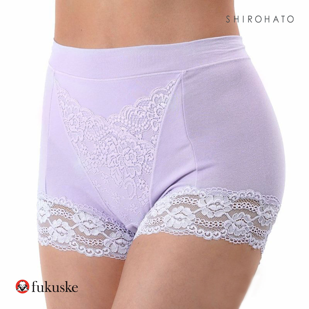 福助 Fukuske 集中美腹メイク 1分丈ショーツ やや深ばき フロントレース ボーイレングス レディース 単品(LPU-薄パープル-M)
