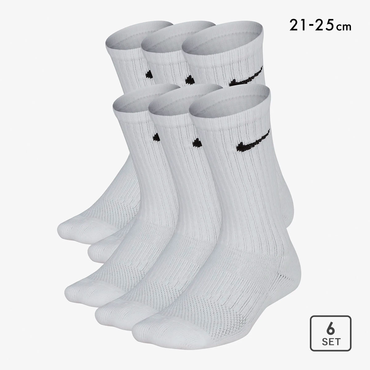 ナイキ キッズ エブリデイ クッション クルー ソックス 6足セット NIKE ボーイズ ガールズ ジュニア 靴下 6P 21-23 23-25(WH-ホワイト-21-23cm)