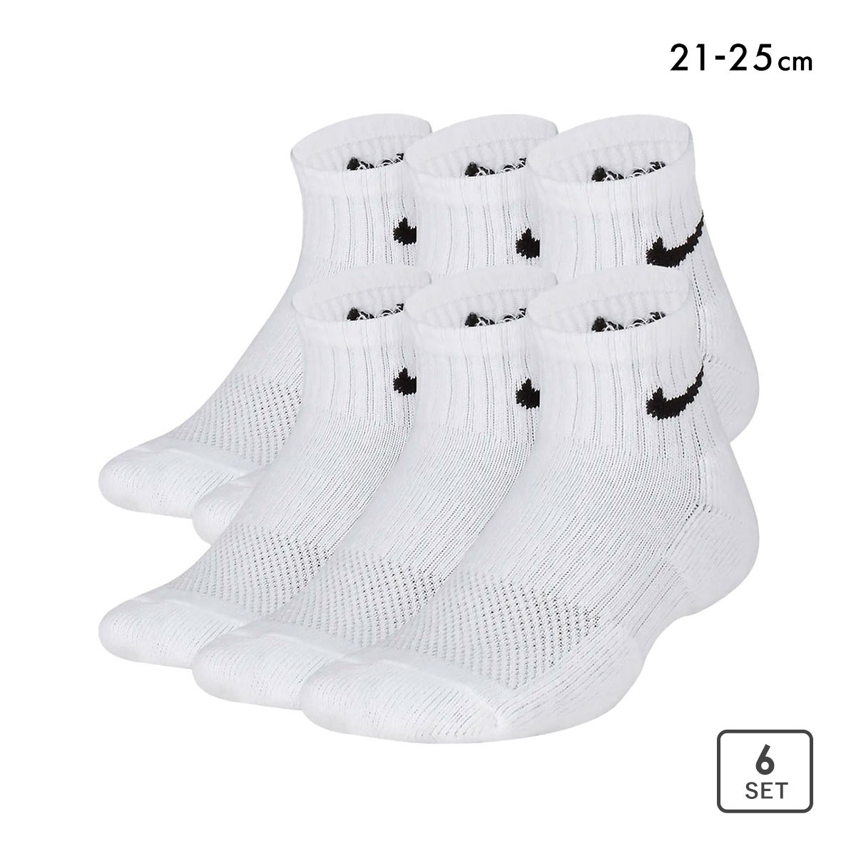 ナイキ キッズ エブリデイ クッション アンクル ソックス 6足セット NIKE ボーイズ ガールズ ジュニア 靴下 6P 21-23 23-25(WH-ホワイト-21-23cm)