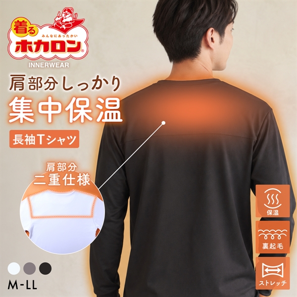 着るホカロン 肩あて付き 長袖クルーネックシャツ メンズ インナー 裏起毛 蓄熱 保温