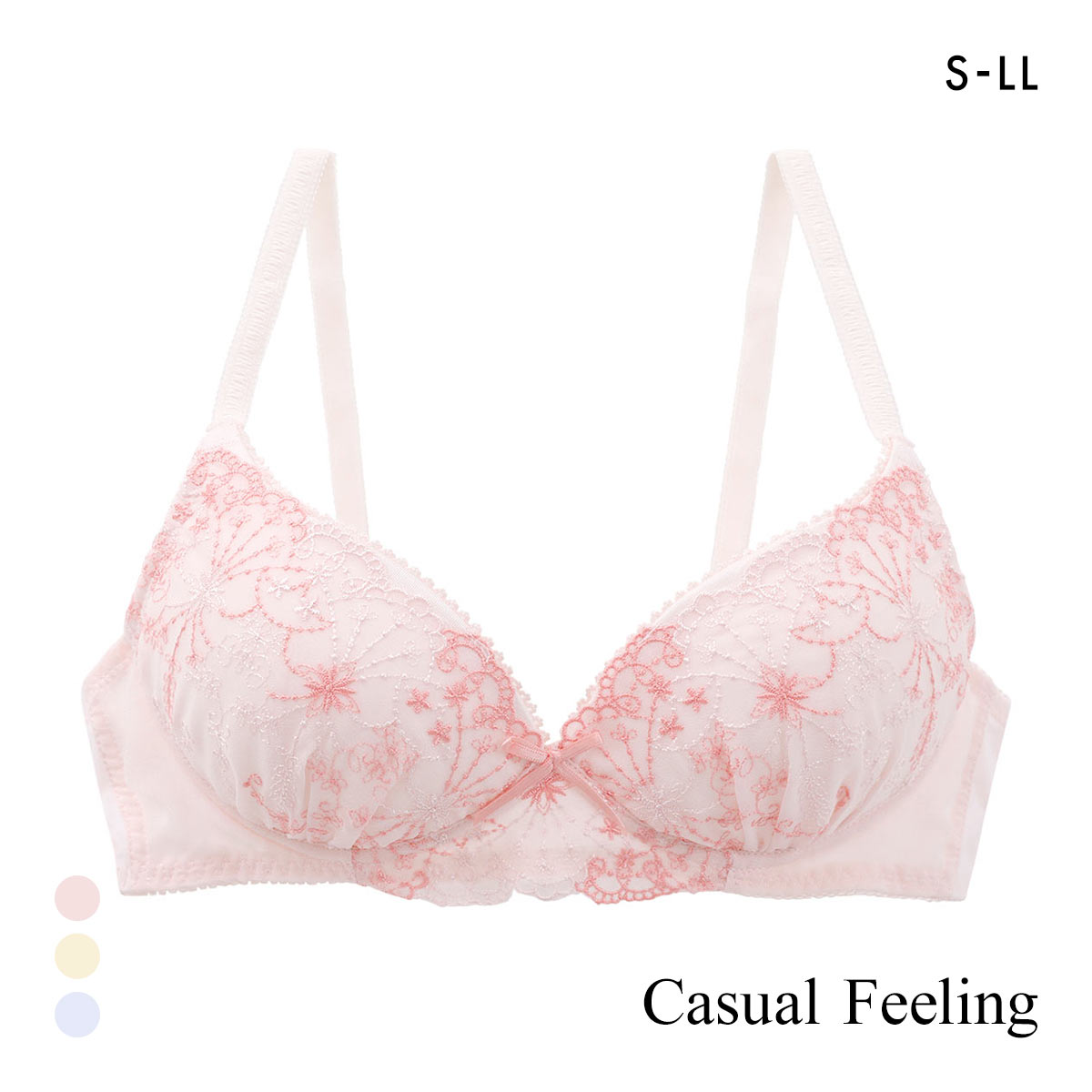 カジュアルフィーリング シフォン刺繍レース ノンワイヤー ブラジャー レディース リラクシング Casual Feeling(PI-ピンク-S)