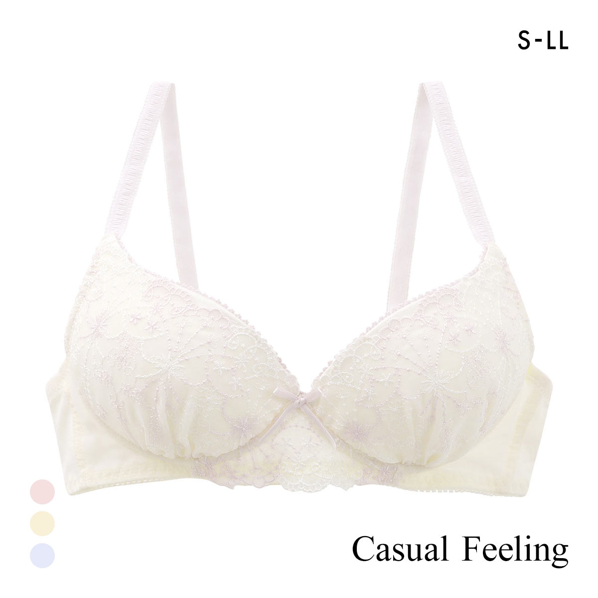 カジュアルフィーリング シフォン刺繍レース ノンワイヤー ブラジャー レディース リラクシング Casual Feeling(YE-イエロー-S)