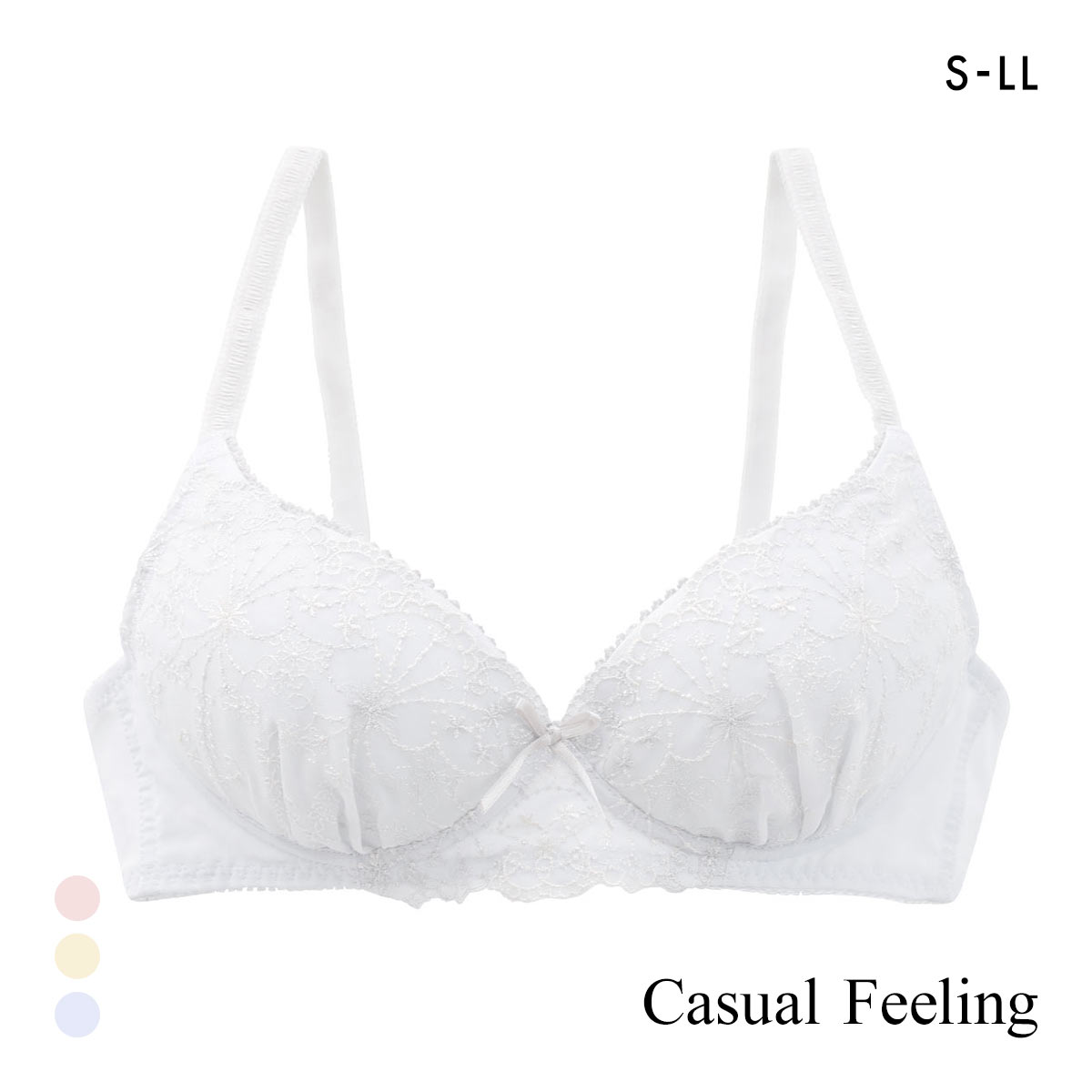 カジュアルフィーリング シフォン刺繍レース ノンワイヤー ブラジャー レディース リラクシング Casual Feeling(SX-サックス-S)