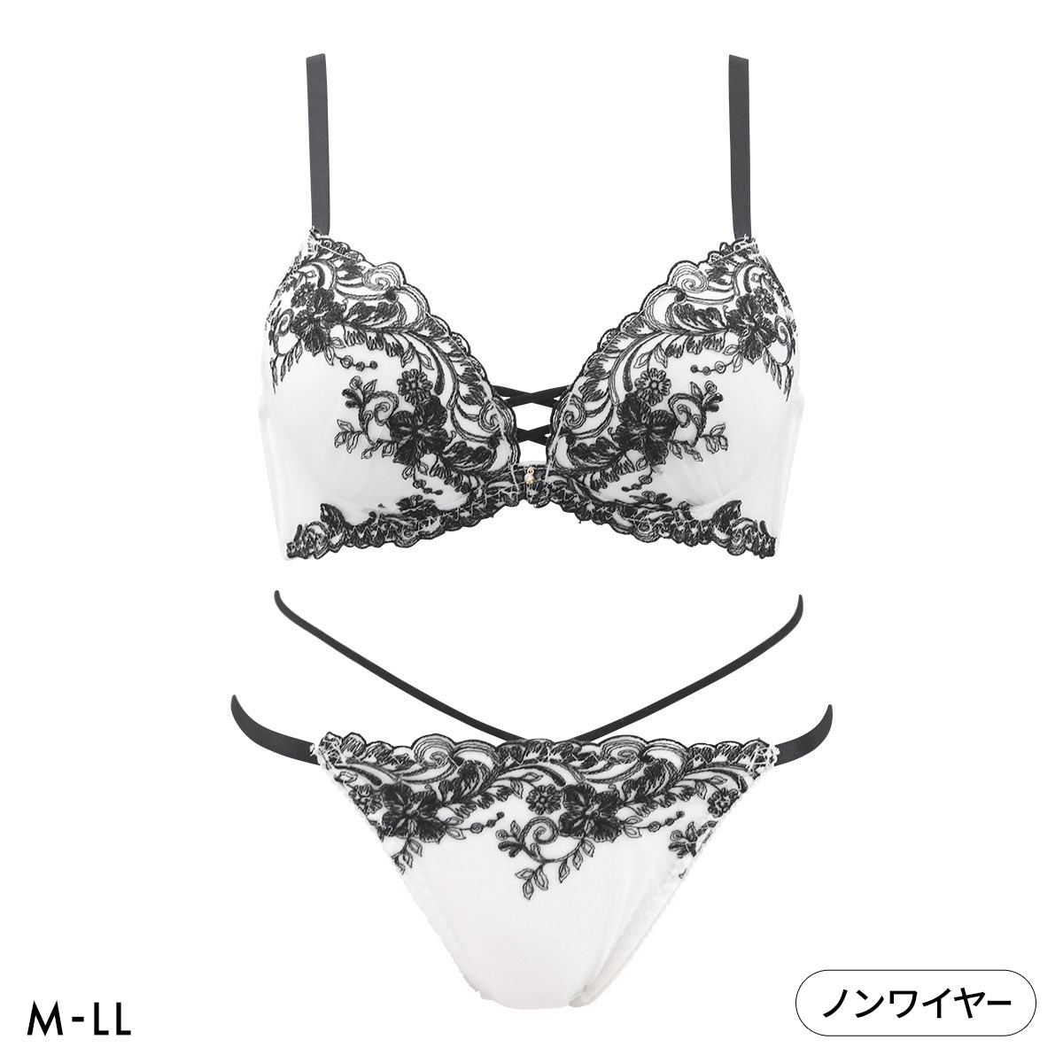 ルルモアナ 花柄チュール×フロントクロステープ ノンワイヤー ブラセット M L LL ブラジャー ショーツ 大きいサイズ Lulu Moana(WH-ホワイト-M／M)