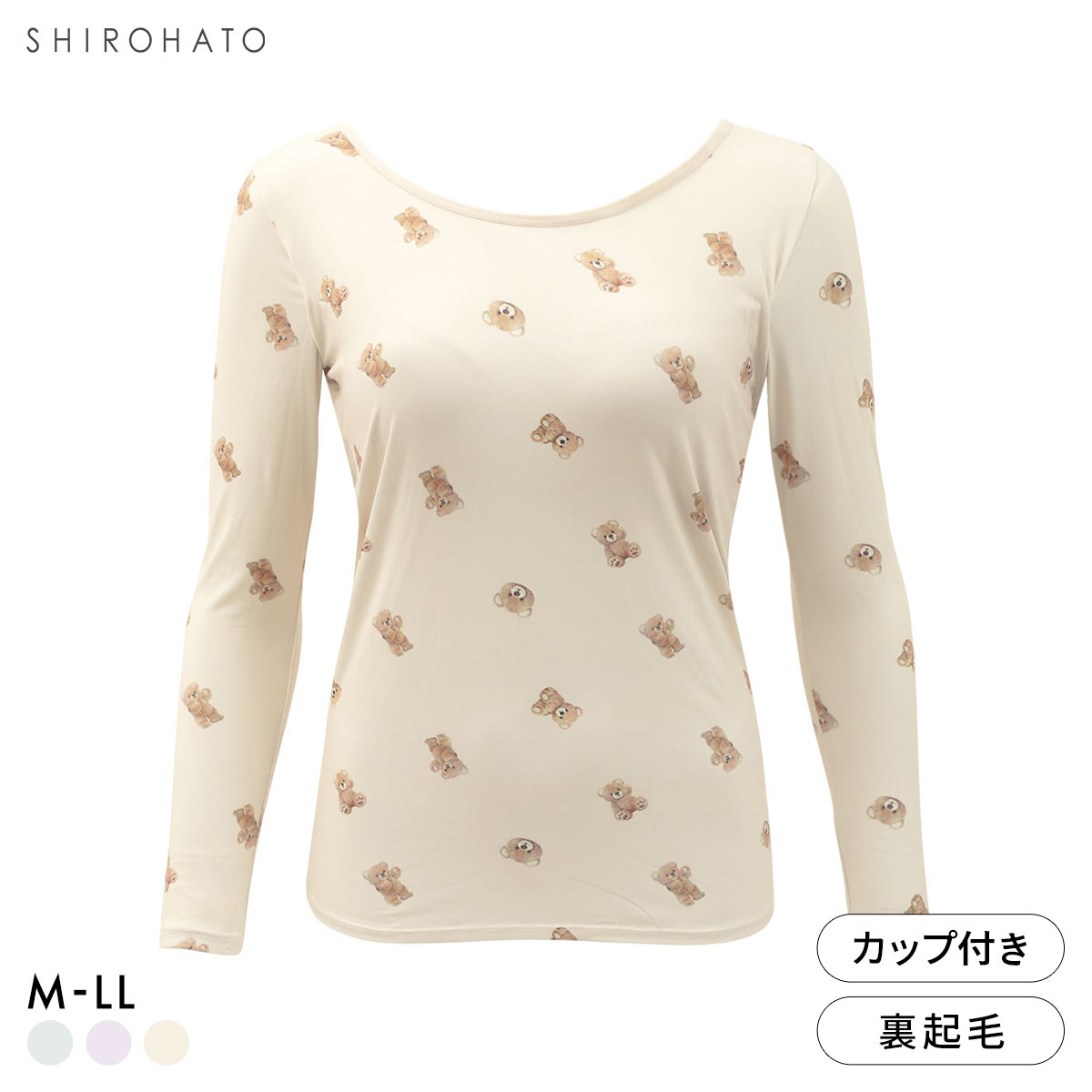 シルキーリッチ あったか起毛 カップ付き 長袖 ブラトップ M L LL あったか インナー 保温 レディース 温活 冷え対策 寒さ対策(BEA-クマ-M)