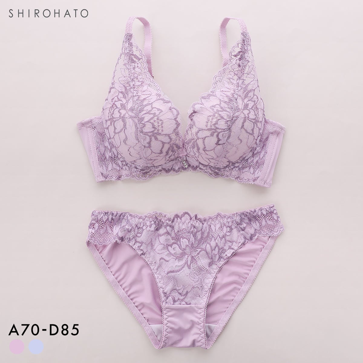 ルルモアナ 2浴レース ブラジャー ショーツ セット 脇高 フラワー 大きいサイズ LULUMOANA(PU-パープル-A70-M)