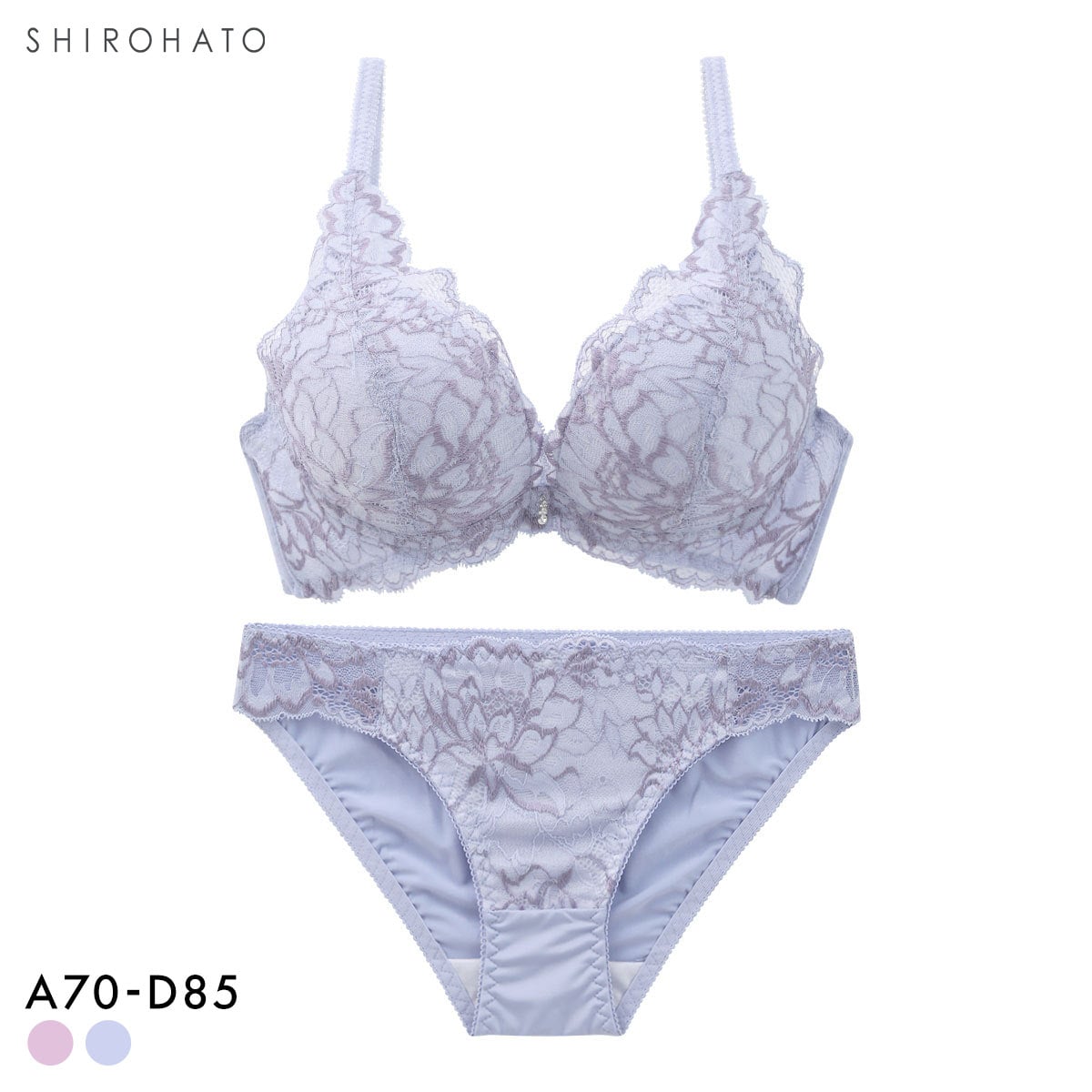ルルモアナ 2浴レース ブラジャー ショーツ セット 脇高 フラワー 大きいサイズ LULUMOANA(BGY-ブルーグレー-A70-M)