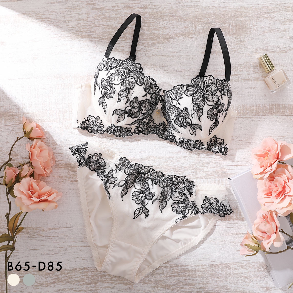 ピュアシェリ 花柄チュール ブラセット BCD 大きいサイズ 谷間 ブラジャー ショーツ セット 谷間 L字 脇寄せ 盛り PURECHERIE(CR-クリーム-B65-M)